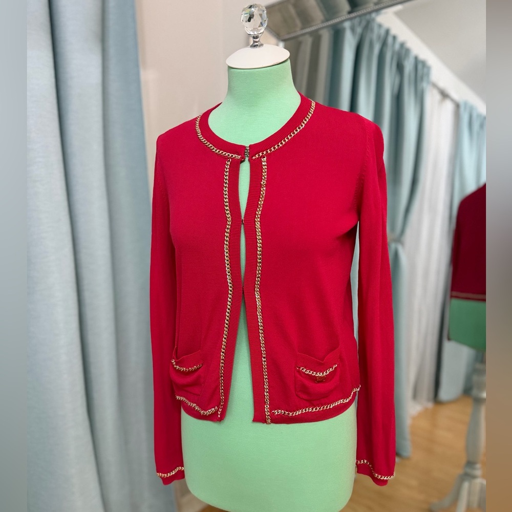 Liu Jo red-magenta Chain-Trim Knit Cardigan